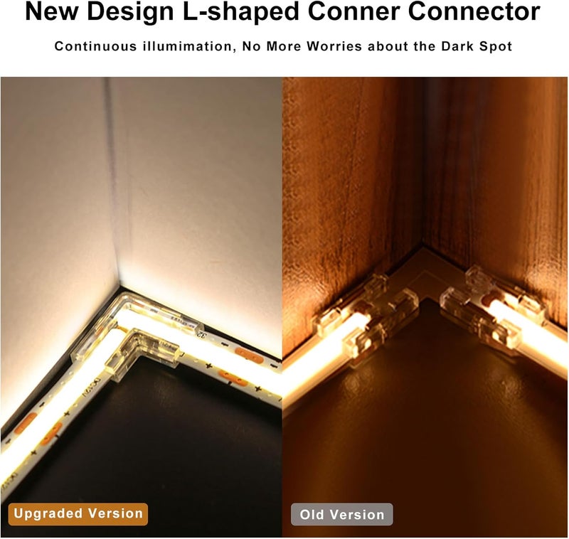 VISDOLL 10mm 2Pin COB LED Light Strip Connectors 20pcs L-Shaped/Corner Connector Transparent Gapless LED Tape Light Connectors, No Dark Area for DIY COB/SMD Strip Lights - Image 3